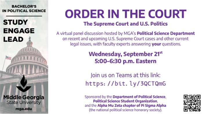 Flyer for  The Supreme Court and US Politics event.